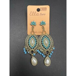 Ella Euro Gold Tone Filigree Sky Blue Vintage Style Chandelier Earrings